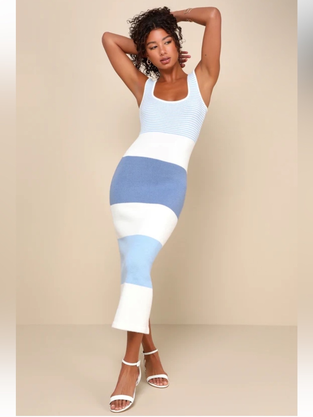 NWT Lulus Easily Gorgeous Ivory and Light Blue Striped Midi Sweater Dress FLAWED